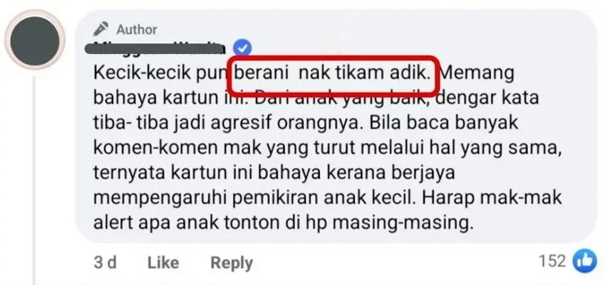 Komen di Facebook: anak jadi agresif sampai berani nak tikam adik selepas menonton kartun