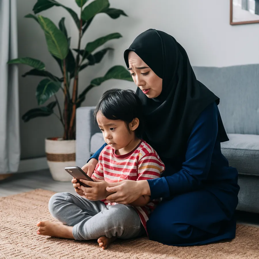 Ibu memerhati anaknya bermain telefon dengan risau